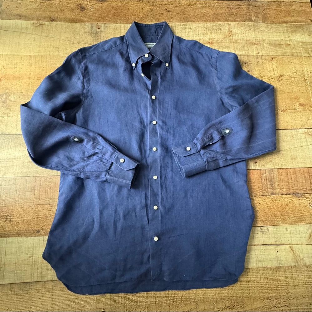 Borbonica by Vanacore Linen Button-Up Shirt Navy Blue Size 17/43